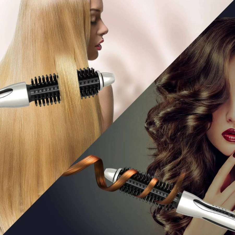 MIRACOMB Hair Straightener Brush - 1 Inch Ceramic Tourmaline Flat Iron with 5 Heat Settings, Cool Touch Round Styler for Curling & Straightening, White (Professional Multi-Styling Brush)