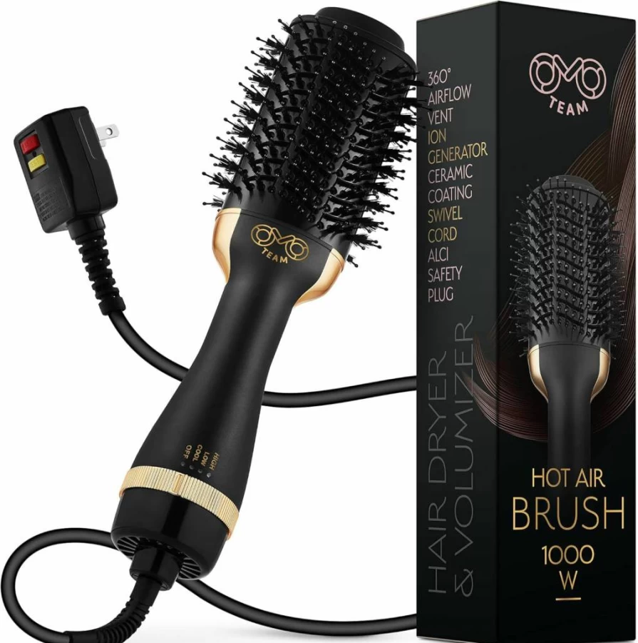 OMOteam 60mm Oval Hot Air Brush - Professional Blowout Hair Dryer & Volumizer for Women (Black Gold)
