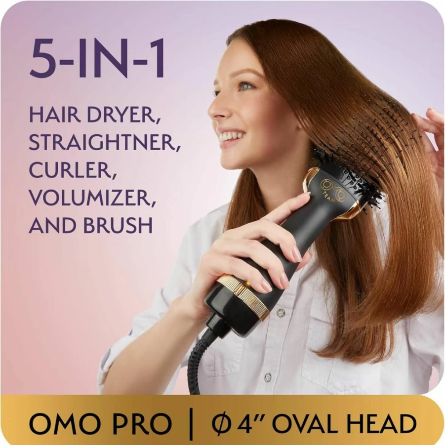 OMOteam 60mm Oval Hot Air Brush - Professional Blowout Hair Dryer & Volumizer for Women (Black Gold)