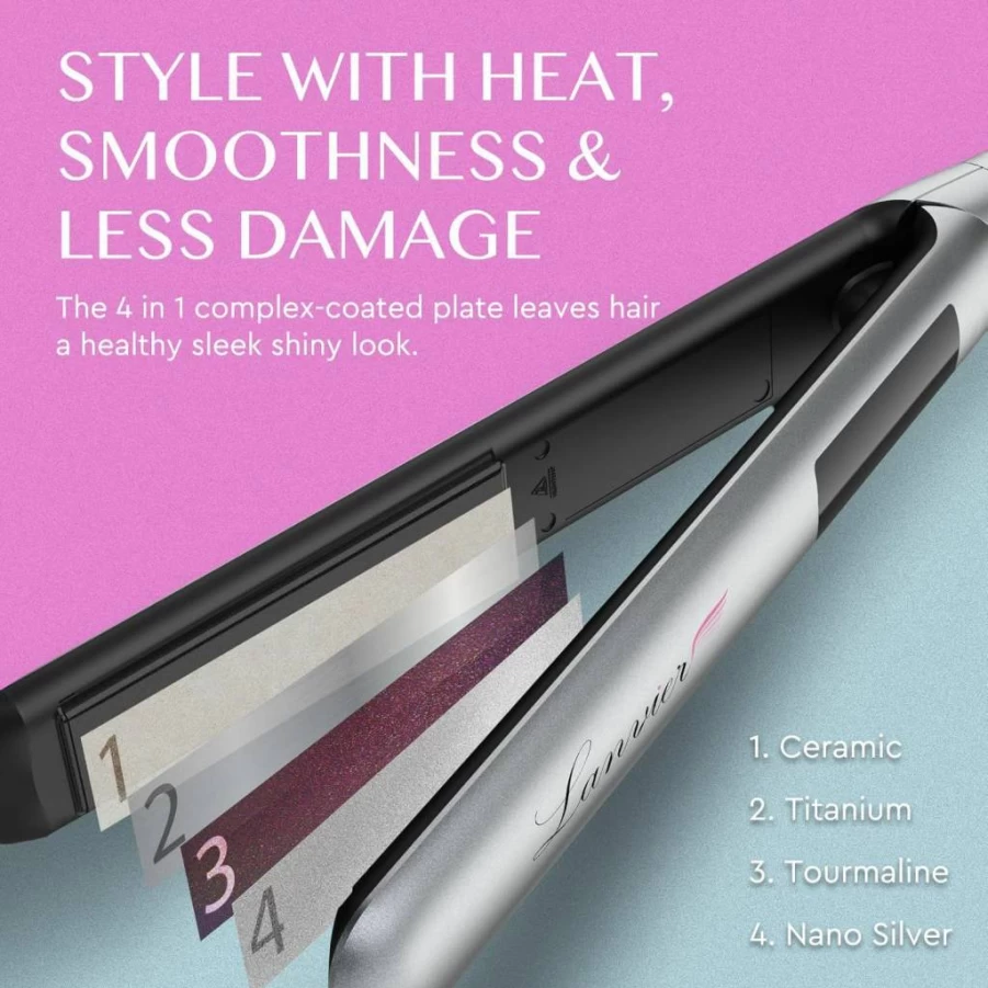 LANVIER 2-in-1 Hair Straightener and Curler with Nano Silver Tourmaline Titanium Ceramic Plates, 15-Second Fast Heating, Adjustable Temperature & Dual Voltage for Global Use