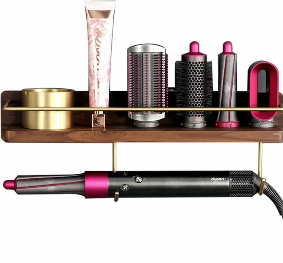 Affogato Wall Mounted Organizer for Dyson Airwrap – Wooden Bathroom Shelf with Hooks for Hair Styling Tools, Creams, and Accessories