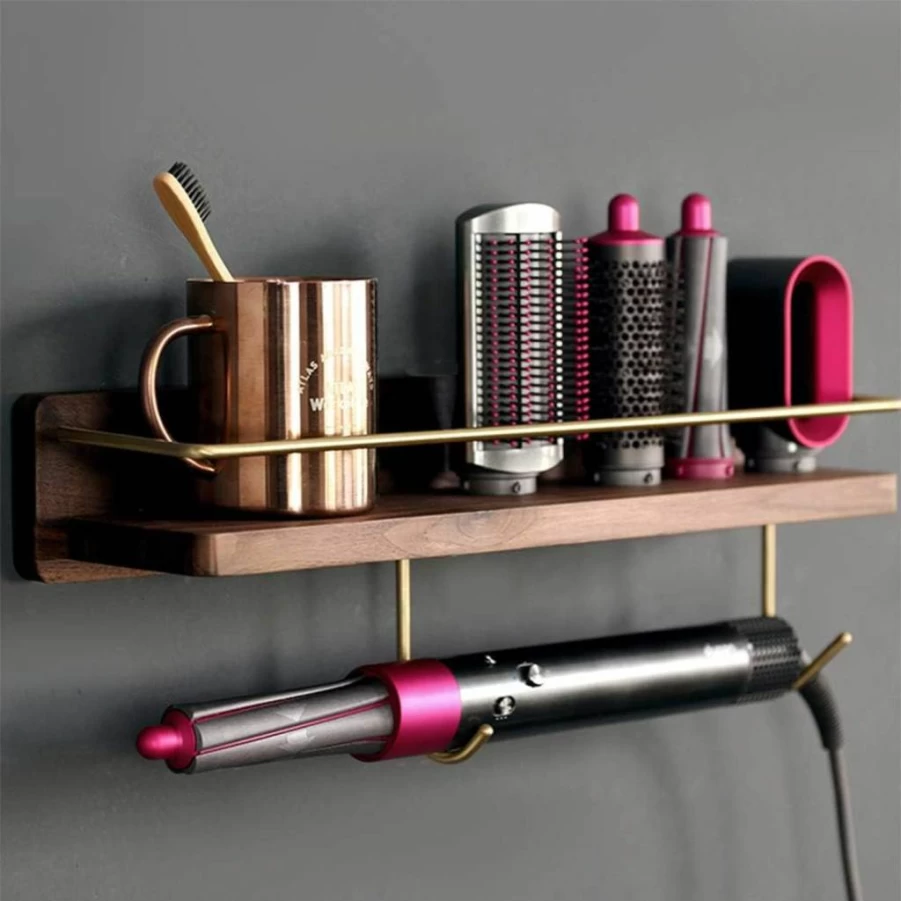 Affogato Wall Mounted Organizer for Dyson Airwrap – Wooden Bathroom Shelf with Hooks for Hair Styling Tools, Creams, and Accessories