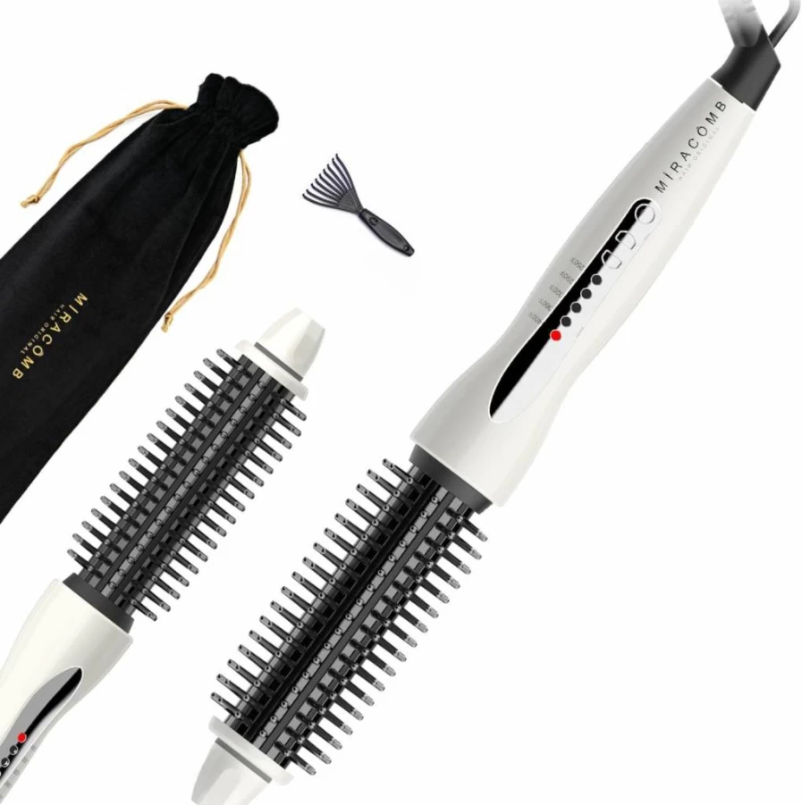 MIRACOMB Ceramic Hair Straightening Brush - 1" Heated Round Brush with 5 Adjustable Heat Settings, Anti-Frizz Technology, Cool Touch Handle & Auto Shutoff for Smoothing, Styling & Curling (White)