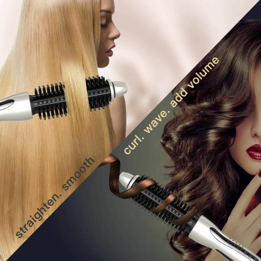 MIRACOMB Ceramic Hair Straightening Brush - 1" Heated Round Brush with 5 Adjustable Heat Settings, Anti-Frizz Technology, Cool Touch Handle & Auto Shutoff for Smoothing, Styling & Curling (White)
