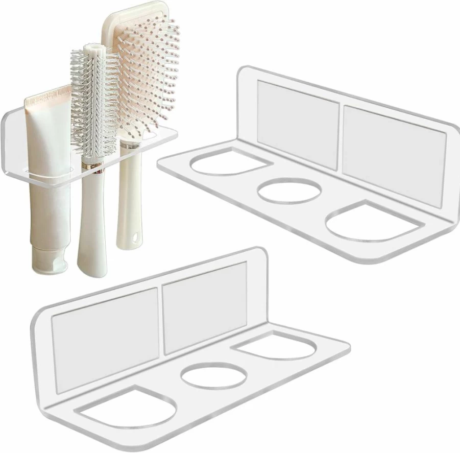 2Pcs Clear Acrylic Wall Mounted Hair Tool Organizer - Adhesive Comb & Styling Iron Holder with 3 Slots for Curling Wands, Straighteners, Brushes (Generic)