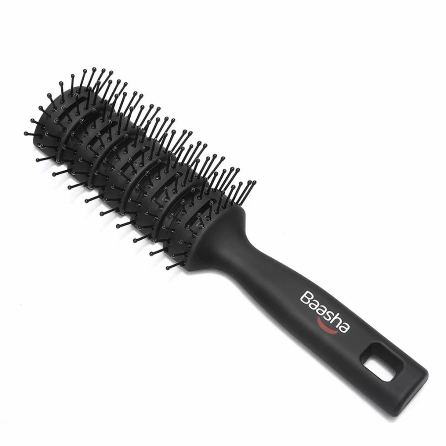 Baasha Hair Brush for Men - Vented Blow Dry Brush with Ball-Tipped Bristles for Wet & Dry Hair - Black Short Hair Styling Tool