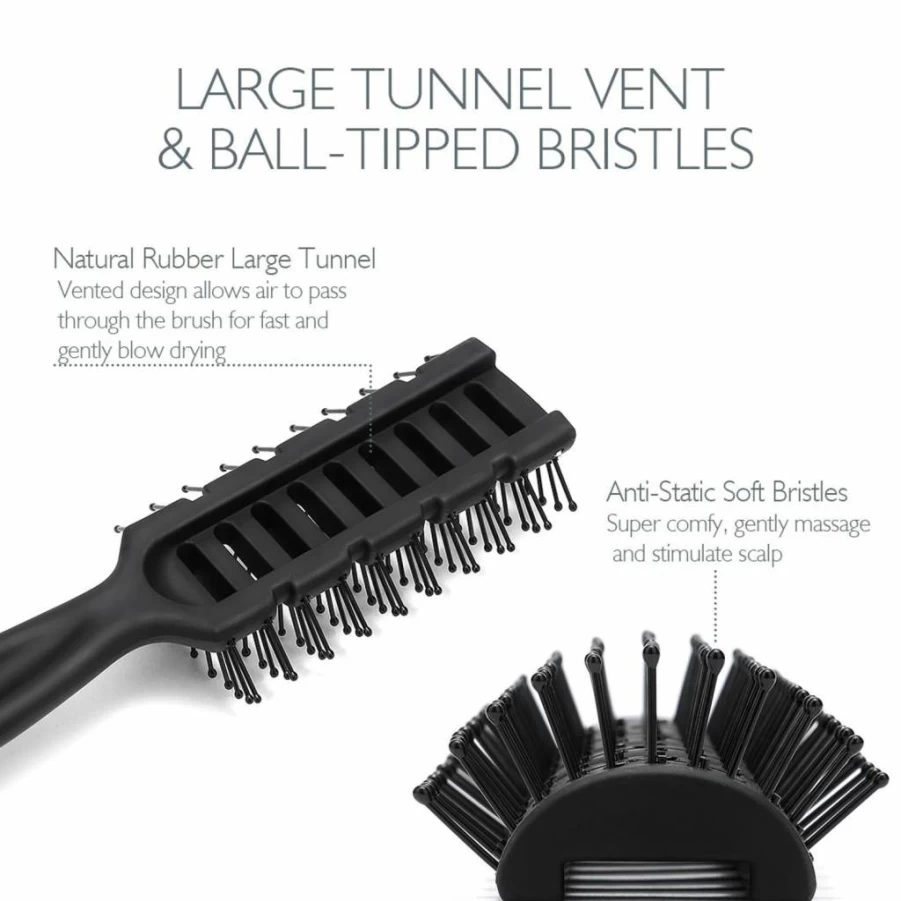 Baasha Hair Brush for Men - Vented Blow Dry Brush with Ball-Tipped Bristles for Wet & Dry Hair - Black Short Hair Styling Tool