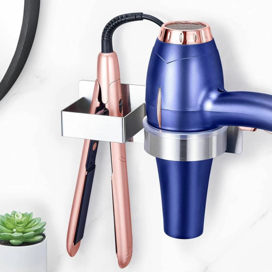 XILIMEN Wall Mounted Hair Dryer and Straightener Holder - Stainless Steel Adhesive Organizer for Bathroom Vanity, Blow Dryer Storage, Curling Iron Tool Hanger