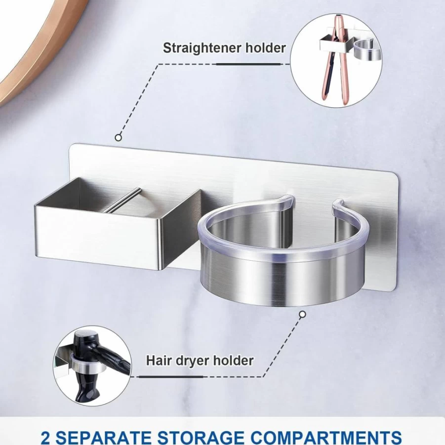 XILIMEN Wall Mounted Hair Dryer and Straightener Holder - Stainless Steel Adhesive Organizer for Bathroom Vanity, Blow Dryer Storage, Curling Iron Tool Hanger