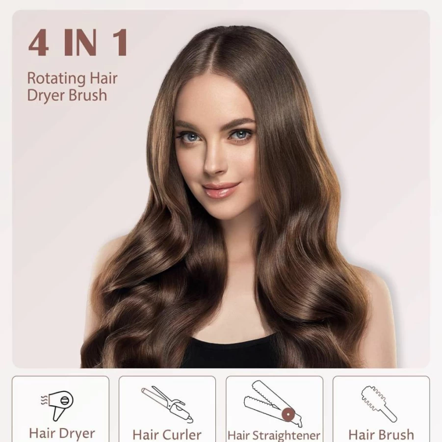 WEEYUM 3-in-1 Rotating Hot Air Brush - Hair Dryer & Volumizer with 1.5" & 2" Interchangeable Brushes for Drying, Straightening, Curling at Home