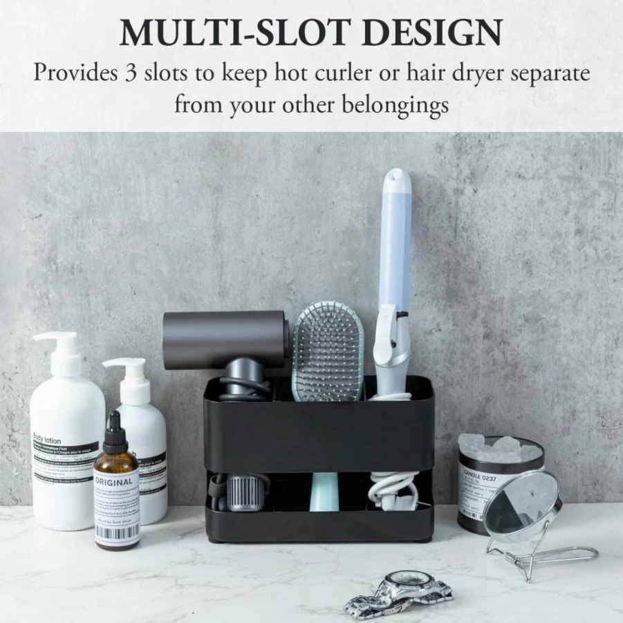 MyGift Wall Mounted Metal Hair Tools Organizer - 2 Slot Curling Iron Holder for Blow Dryer, Straightener & Hair Brushes, Salon Accessories Storage, Black Hot Tools Organizer