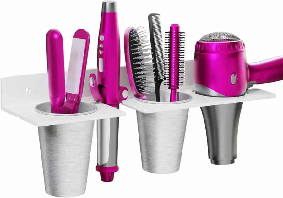 ZASIMO Wall Mounted Hair Tool Organizer with 3 Stainless Steel Cups, 4mm Thick Acrylic Holder for Hair Dryer, Curling Iron & Straightener - Bathroom Storage Solution