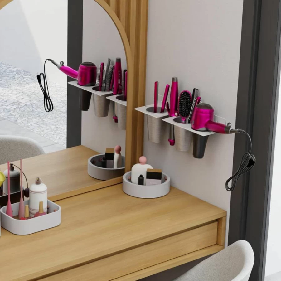 ZASIMO Wall Mounted Hair Tool Organizer with 3 Stainless Steel Cups, 4mm Thick Acrylic Holder for Hair Dryer, Curling Iron & Straightener - Bathroom Storage Solution