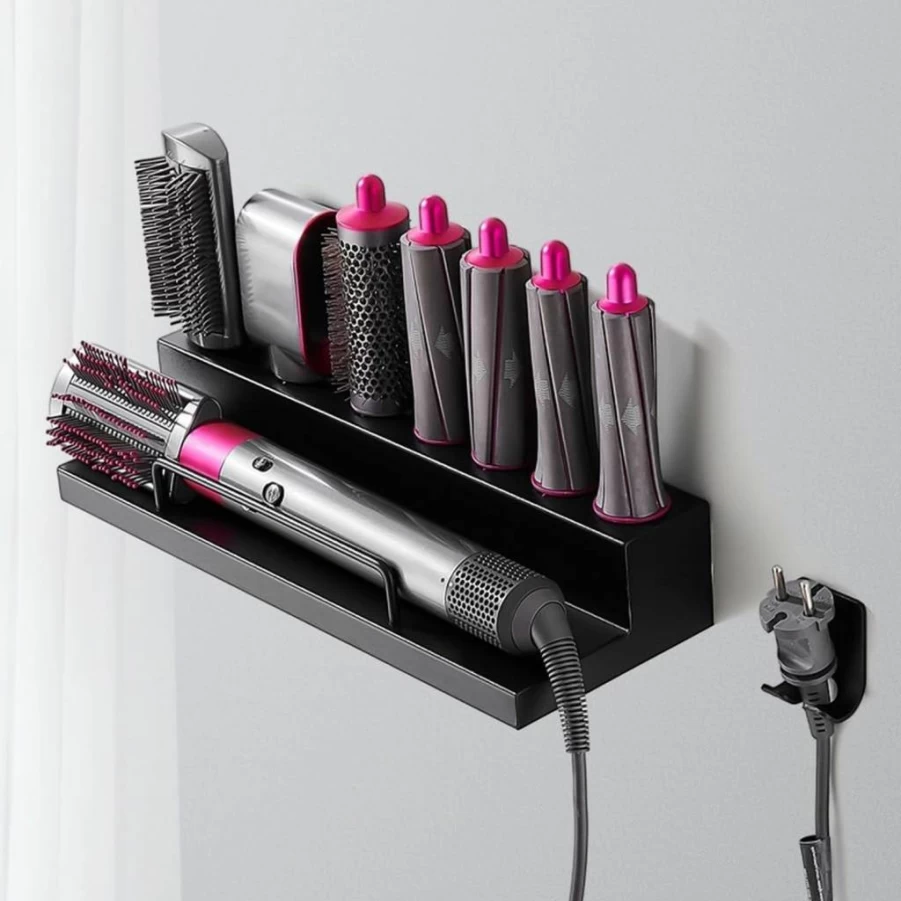 Chewtoyo Wall-Mounted Accessories Organizer Rack for Hair Tools - Compatible with Dyson Airwrap, Hair Dryer, Curling Iron, Bathroom & Bedroom Storage Shelf with Hook