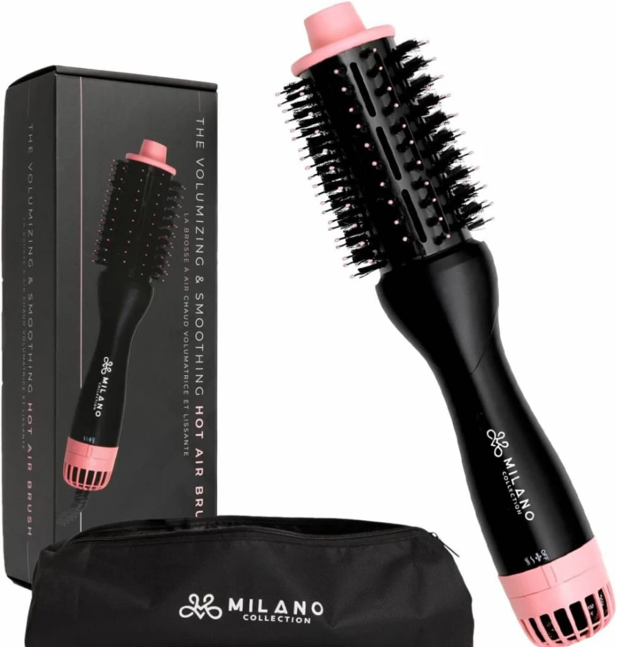 MILANO COLLECTION Hot Air Blow Dry Brush for Styling & Volumizing Human Hair Wigs & Natural Hair, Lightweight Round Barrel Hair Dryer Brush, Quick Drying, Black