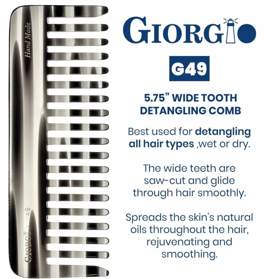 Giorgio G49 Wide Tooth Detangling Comb for Thick Curly Hair – Handmade Cellulose Detangler for Wet & Dry Hair – Tortoise Shell Design – Saw-Cut & Polished