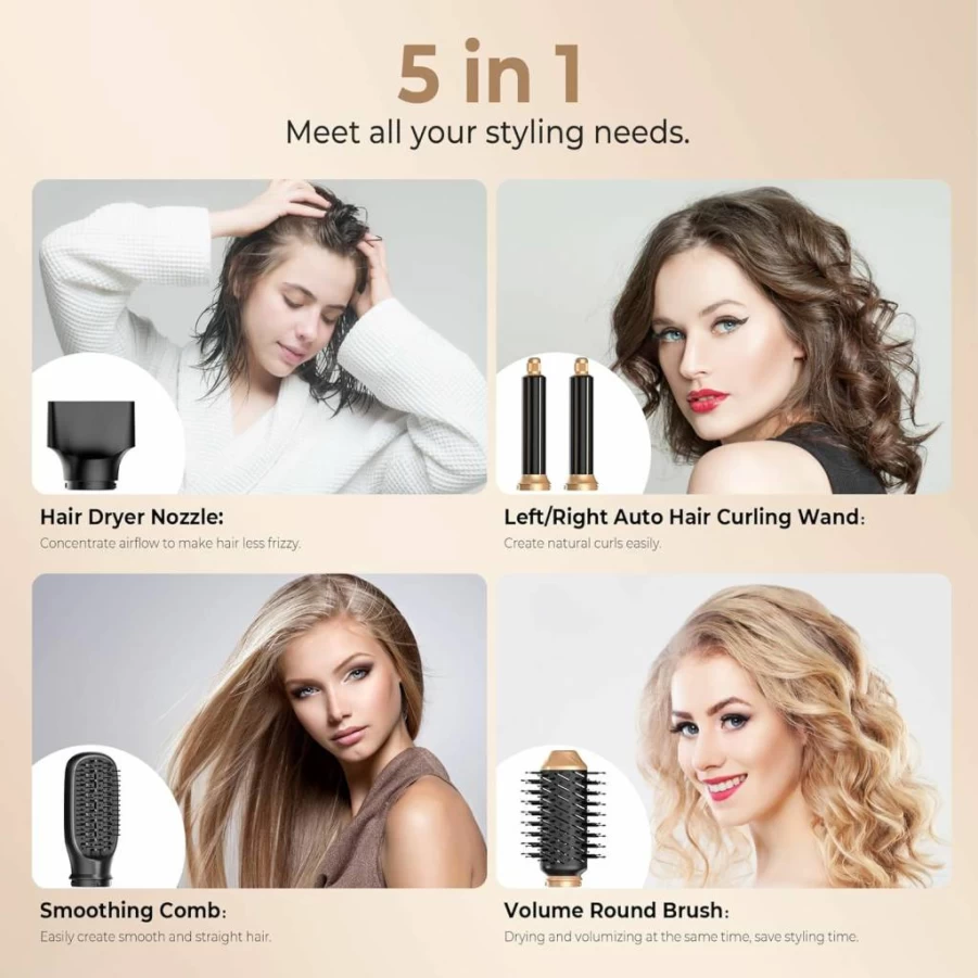 OKWRAP 5-in-1 Ionic Blow Dryer Brush with Detachable Nozzles - Hair Styler, Volumizer & Straightener for Women - Fast Drying Air Styler with Attachments