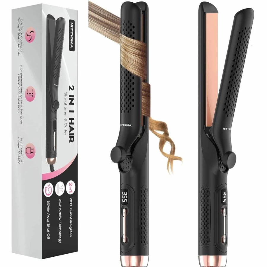 HITTIONA 360 Airflow Styler - 1.25 Inch Curling Iron & Hair Straightener 2-in-1, Vented Cool Air Technology, 5 Temperature Settings, Dual Voltage Travel Flat Iron, Extra Long Curling Wand for Long Hair