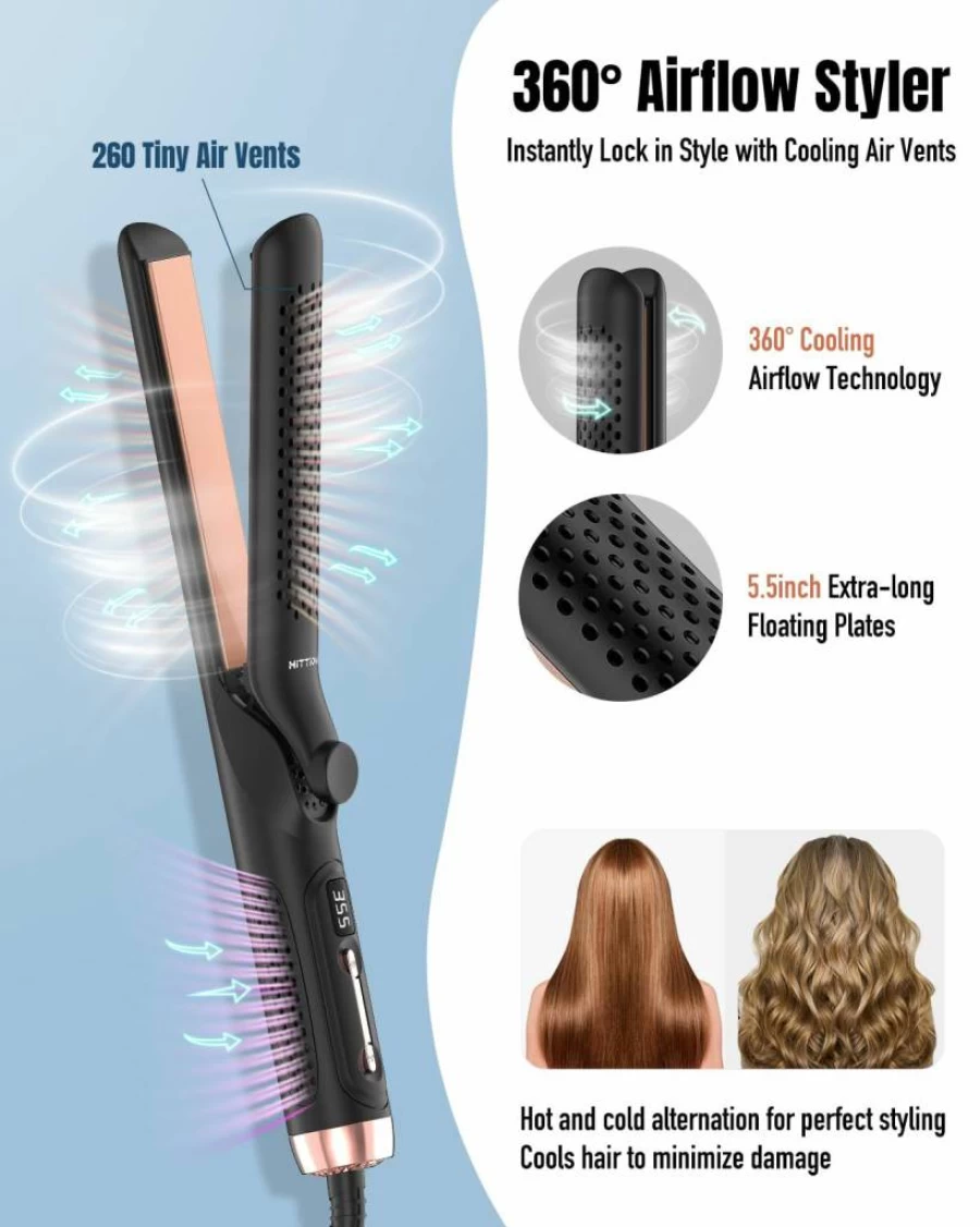 HITTIONA 360 Airflow Styler - 1.25 Inch Curling Iron & Hair Straightener 2-in-1, Vented Cool Air Technology, 5 Temperature Settings, Dual Voltage Travel Flat Iron, Extra Long Curling Wand for Long Hair