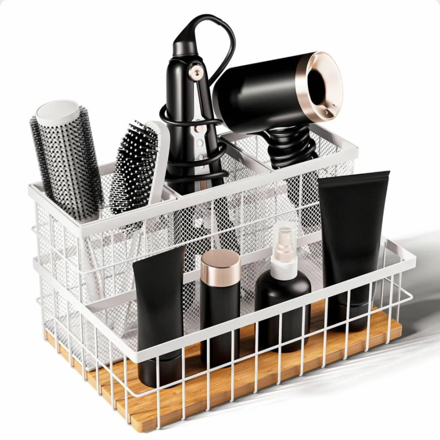 HB Design Co. Metal & Bamboo Hot Hair Tools Organizer - Countertop Vanity & Under Sink Bathroom Storage for Hair Dryer, Curling Iron, Straightener