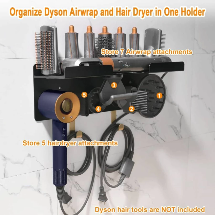 Chorten Nyima 2-in-1 Wall Mount Holder for Dyson Supersonic Hair Dryer & Airwrap Styler with Attachment Storage