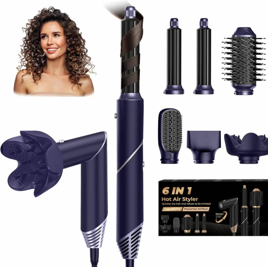 OKWRAP 6-in-1 Ionic Hair Dryer Brush - Foldable Blow Dryer with Curling, Volumizing & Straightening Attachments, Detachable Diffuser for Styling & Drying