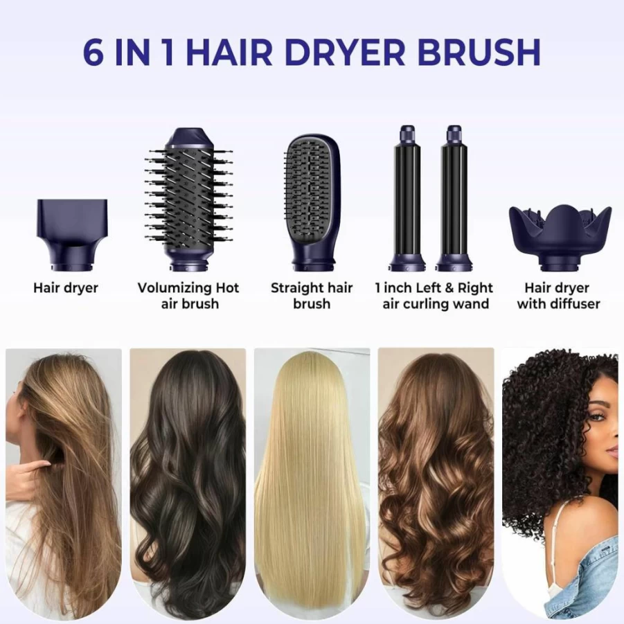OKWRAP 6-in-1 Ionic Hair Dryer Brush - Foldable Blow Dryer with Curling, Volumizing & Straightening Attachments, Detachable Diffuser for Styling & Drying