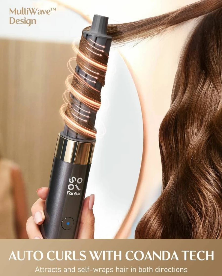 Fanttik Solo 6-in-1 Ionic Hair Dryer Brush for Curling, Straightening & Volumizing with Storage Bag, Curlers & Smooth Brush – Airwave Auto Wrap Styler