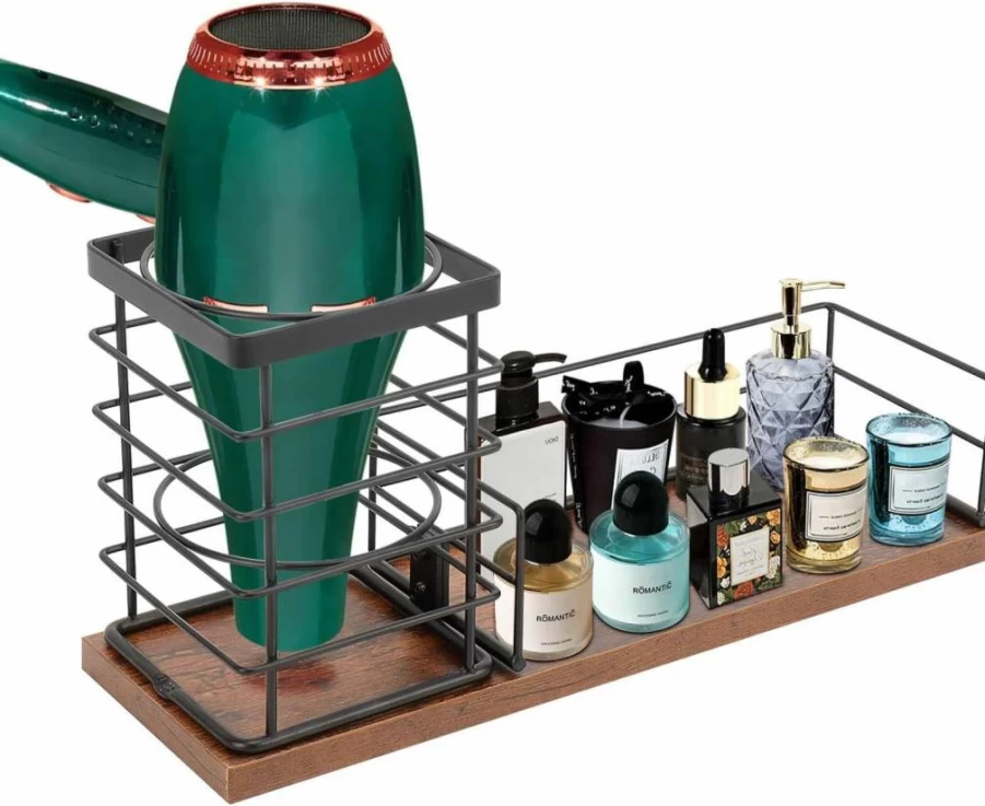 Siyzda Wooden Hair Tool Organizer - 12"x7.7"x5.8" Black Bathroom Vanity Tray for Hair Dryer, Styling Tools & Makeup Storage - Portable Countertop Holder for Bath, Bedroom