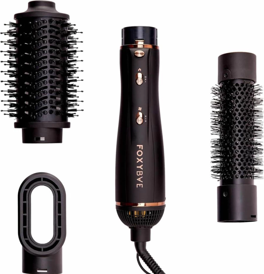 FoxyBae 4-in-1 Blow Dryer Brush Set with Diffuser, Curling Barrel & Straightener - Rose Gold Styler for Frizz-Free, Voluminous Hair