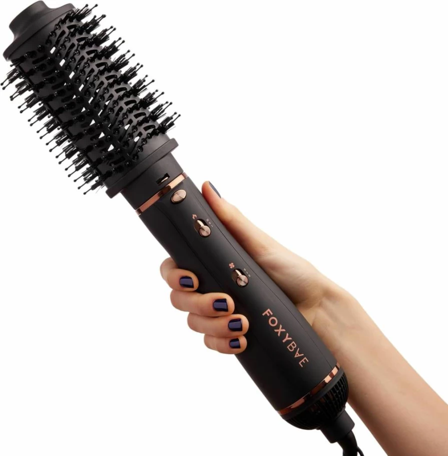 FoxyBae 4-in-1 Blow Dryer Brush Set with Diffuser, Curling Barrel & Straightener - Rose Gold Styler for Frizz-Free, Voluminous Hair