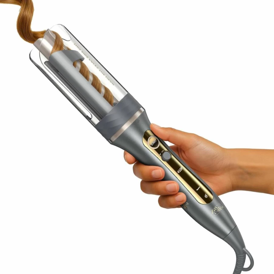 Zavarea 1 Inch Automatic Rotating Curling Wand for Beach Waves, Ceramic Barrel with Negative Ion Technology, Tangle-Free Self Hair Curler, Dual Voltage, Elegant Gray
