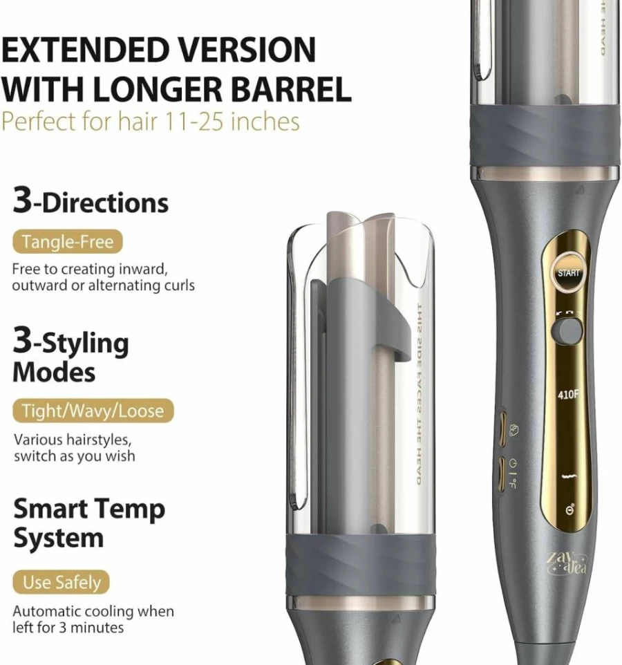 Zavarea 1 Inch Automatic Rotating Curling Wand for Beach Waves, Ceramic Barrel with Negative Ion Technology, Tangle-Free Self Hair Curler, Dual Voltage, Elegant Gray