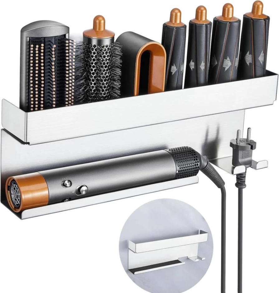 Oukimly Stainless Steel Wall Mount Hair Tool Organizer - Holder for Hair Dryer, Curling Iron, Straightener & Styler Attachments, Bathroom Storage Solution