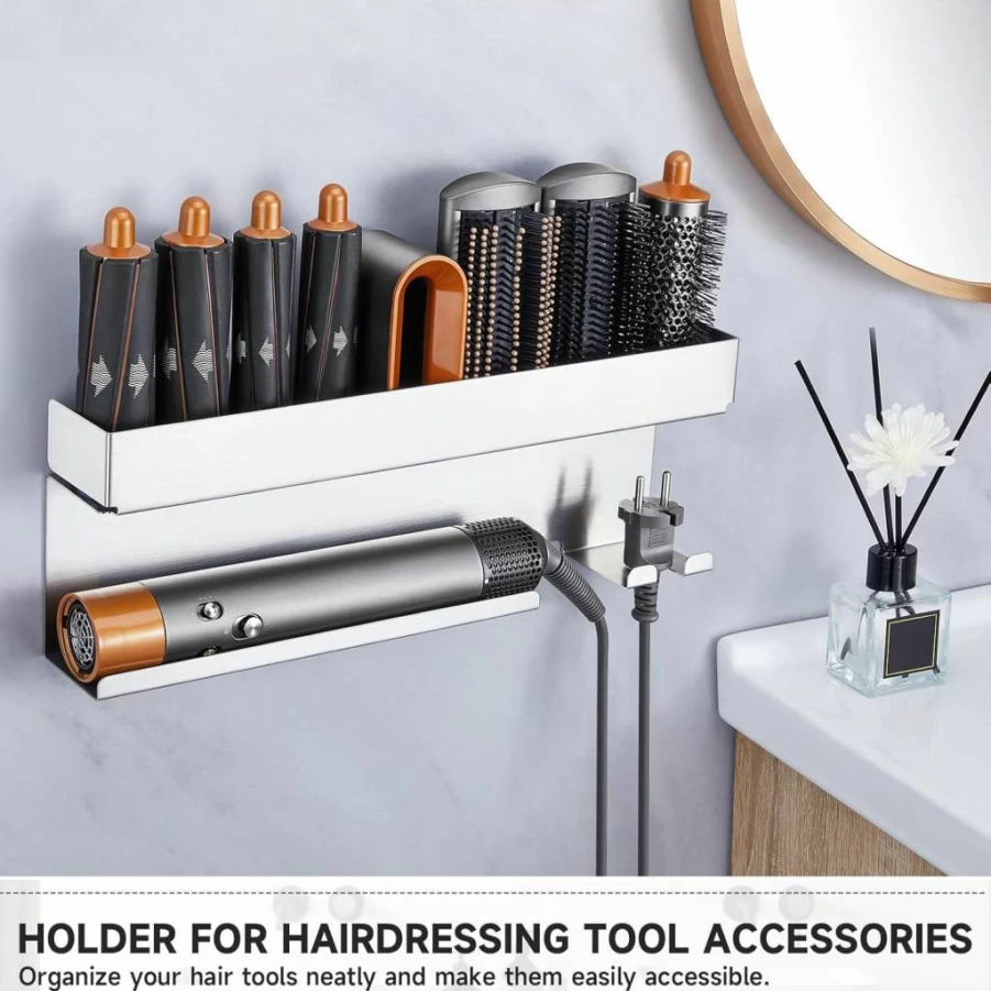 Oukimly Stainless Steel Wall Mount Hair Tool Organizer - Holder for Hair Dryer, Curling Iron, Straightener & Styler Attachments, Bathroom Storage Solution