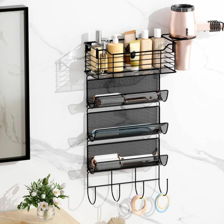 VITVITI Matte Black Wall Mount Hair Tool Organizer with 3-Tier Shelf, Hooks for Hair Dryer, Curling Iron & Straightener - Bathroom Storage Solution