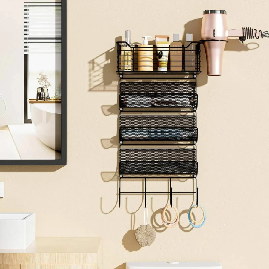 VITVITI Matte Black Wall Mount Hair Tool Organizer with 3-Tier Shelf, Hooks for Hair Dryer, Curling Iron & Straightener - Bathroom Storage Solution