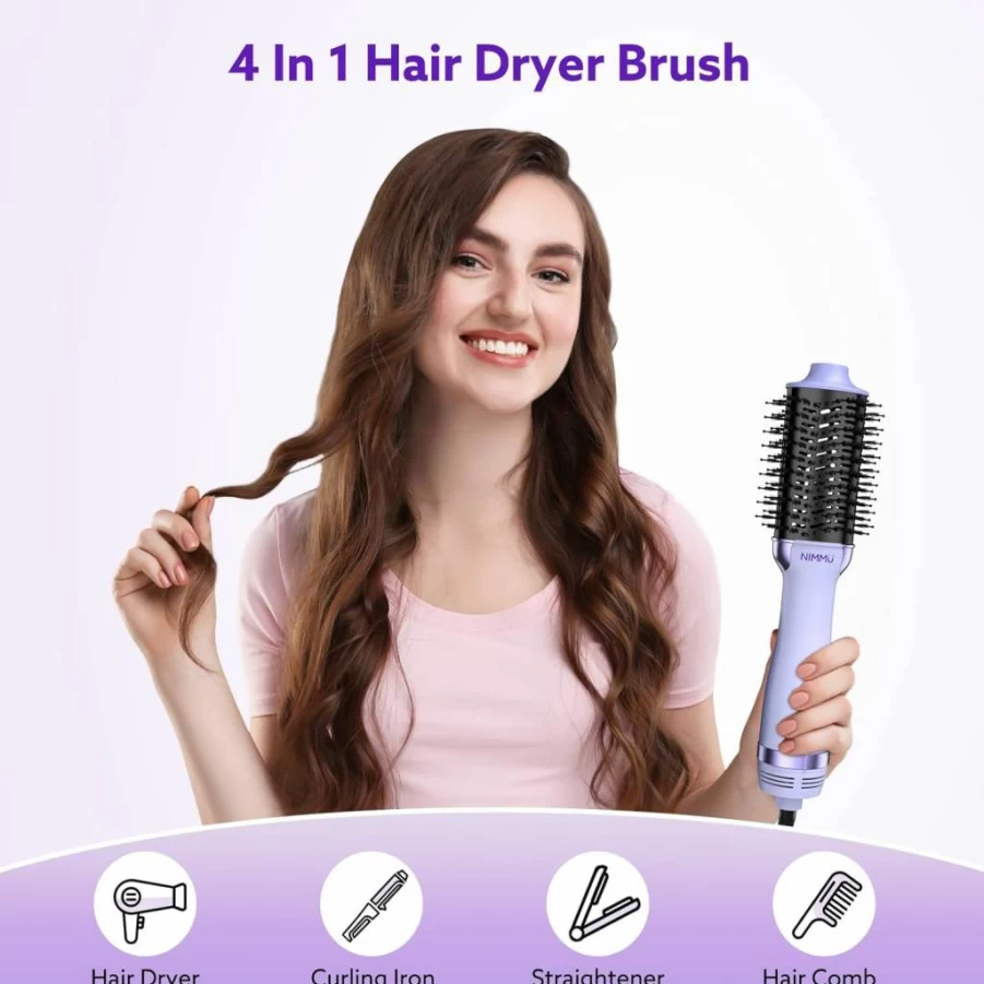 Nimmu 4-in-1 Hot Air Hair Dryer Brush with 2.4" Oval Barrel for Drying, Straightening, Curling & Volumizing - Black Gold Styler & Blow Dryer