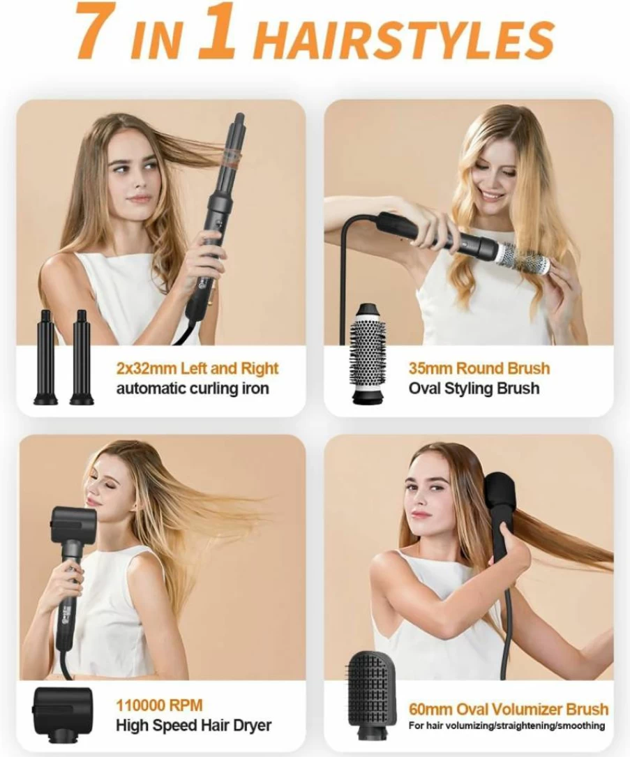 Beikenny 7-in-1 Diffuser Hair Dryer Brush - 1400W Blow Dryer & Styler for Curling, Straightening, Volumizing & Fast Drying