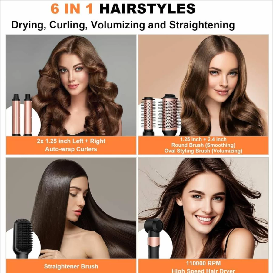 Ymguspri 6-in-1 Air Wrap Hair Styler & Blow Dryer Brush Set - 110,000 RPM Fast Drying, Heat Protectant for Curling, Straightening & Volumizing - Rose Gold Professional Styling Tool
