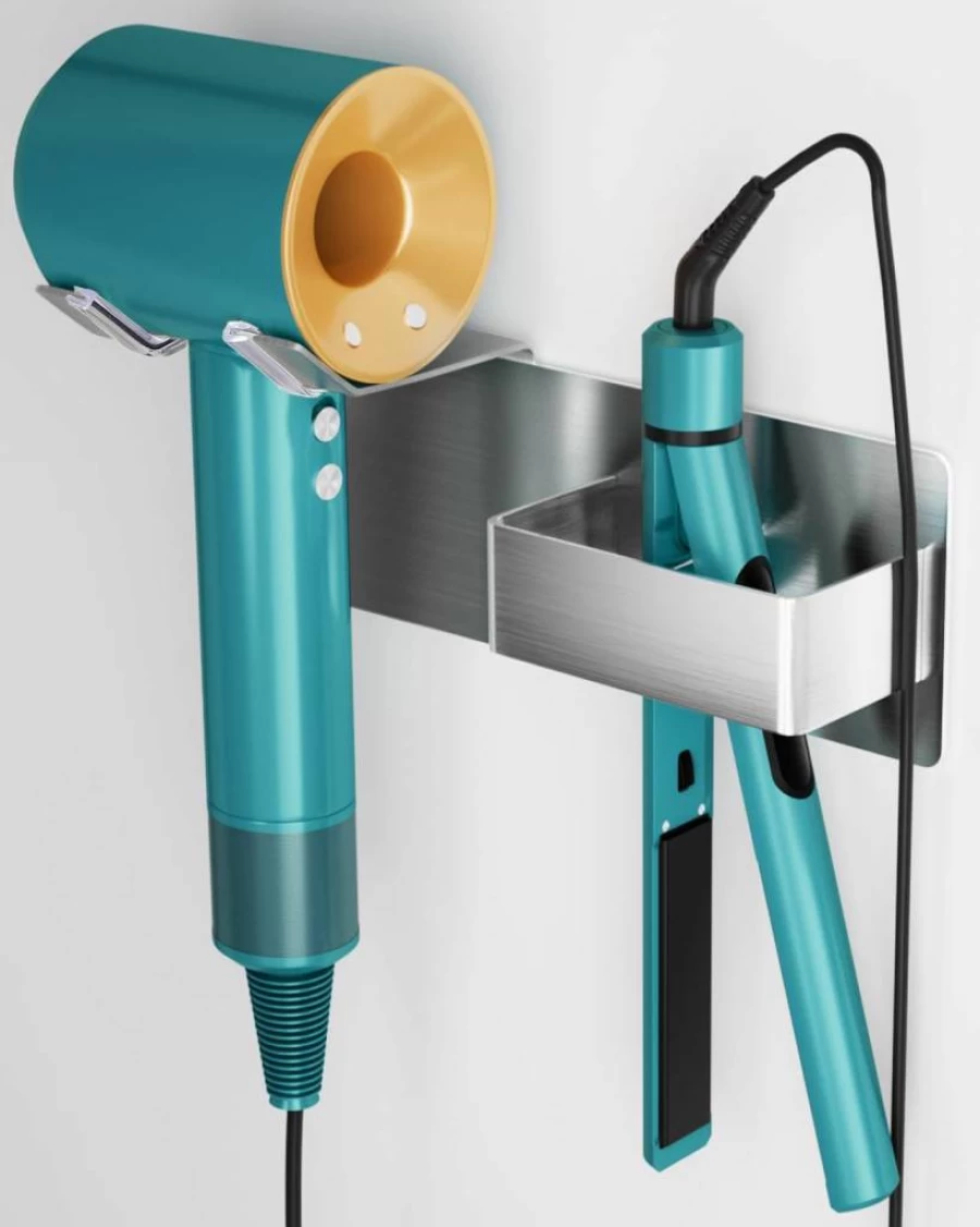 BANJEKT Wall Mounted Hair Dryer Holder - Stainless Steel Blow Dryer & Straightener Organizer for Bathroom, Salon, Barber Shop (Adhesive or Drilling Installation)
