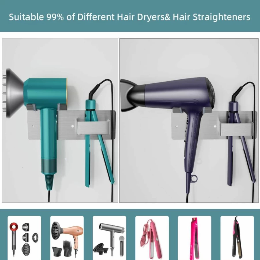 BANJEKT Wall Mounted Hair Dryer Holder - Stainless Steel Blow Dryer & Straightener Organizer for Bathroom, Salon, Barber Shop (Adhesive or Drilling Installation)