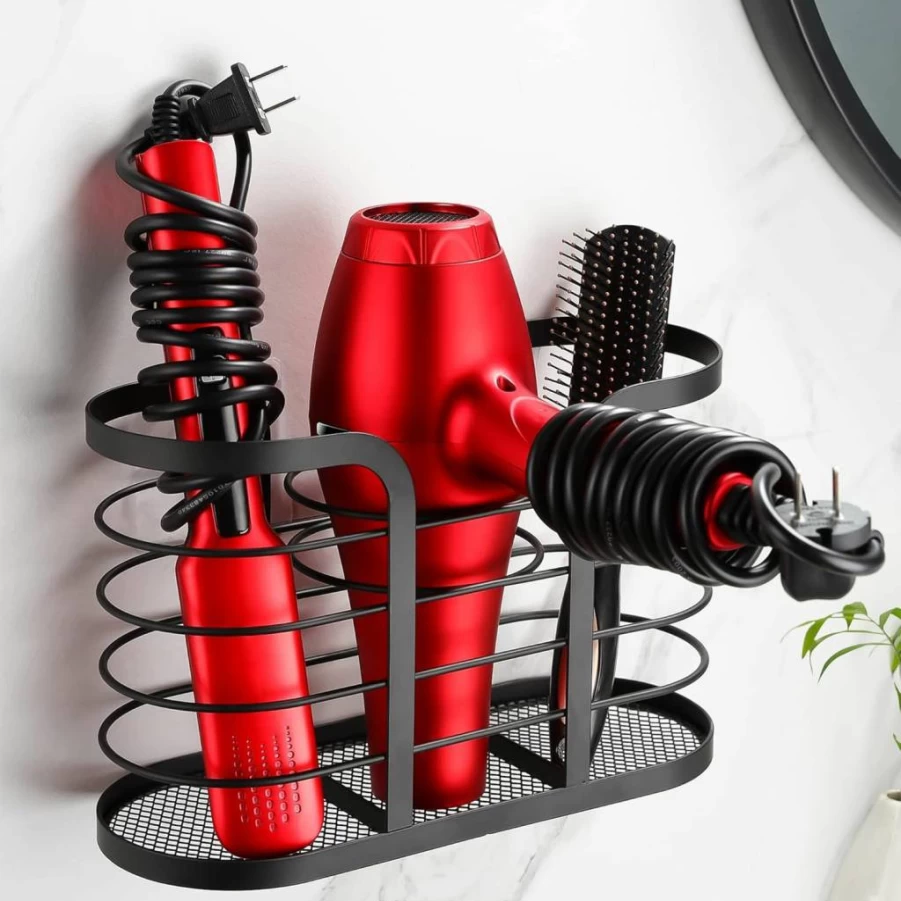 YIGII Wall Mount Hair Dryer Holder with Adhesive - Bathroom Organizer for Blow Dryer and Electric Shaver, Black