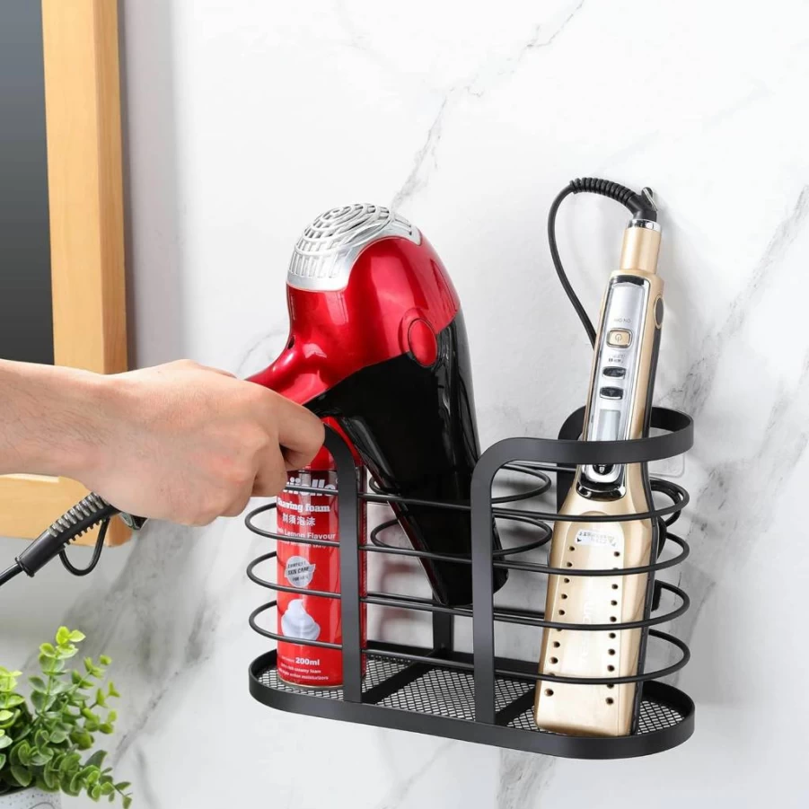 YIGII Wall Mount Hair Dryer Holder with Adhesive - Bathroom Organizer for Blow Dryer and Electric Shaver, Black