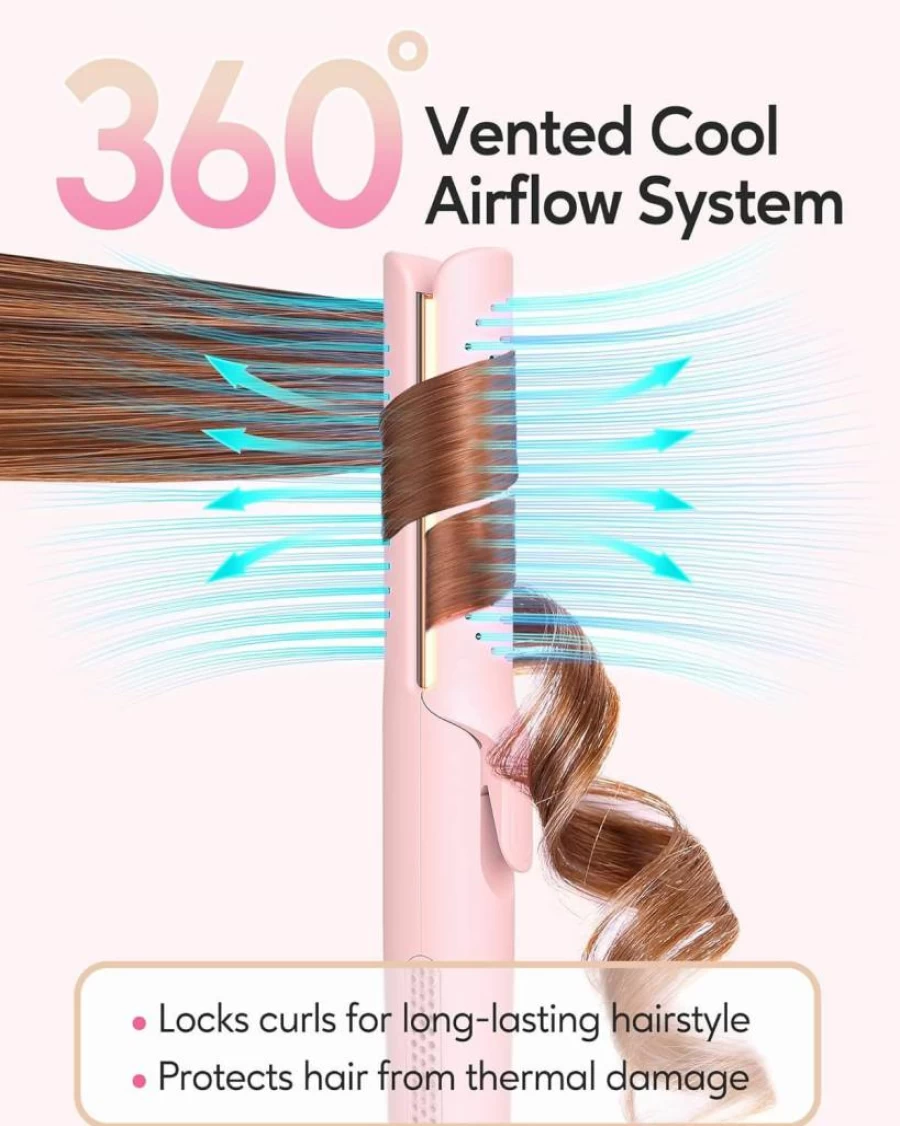 VAVOOV Pro 360° Airflow Styler - 1 Inch Curling Iron & Hair Straightener 2-in-1 with Adjustable Temperature, Dual Voltage, Vented Cool Air for Long-Lasting Curls (Pink)