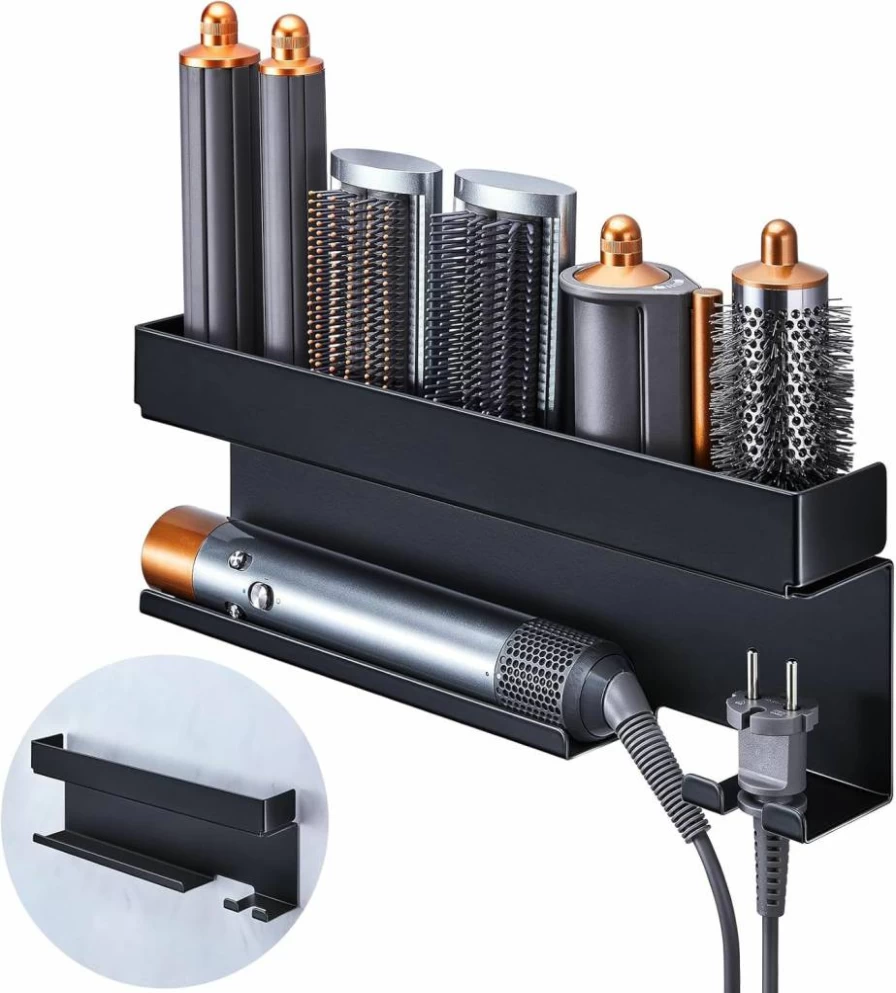 Oukimly Wall Mount Hair Tool Organizer - Storage Holder for Hair Dryer, Curling Iron, Straightener & Styler Accessories, Bathroom Space Saver, Black