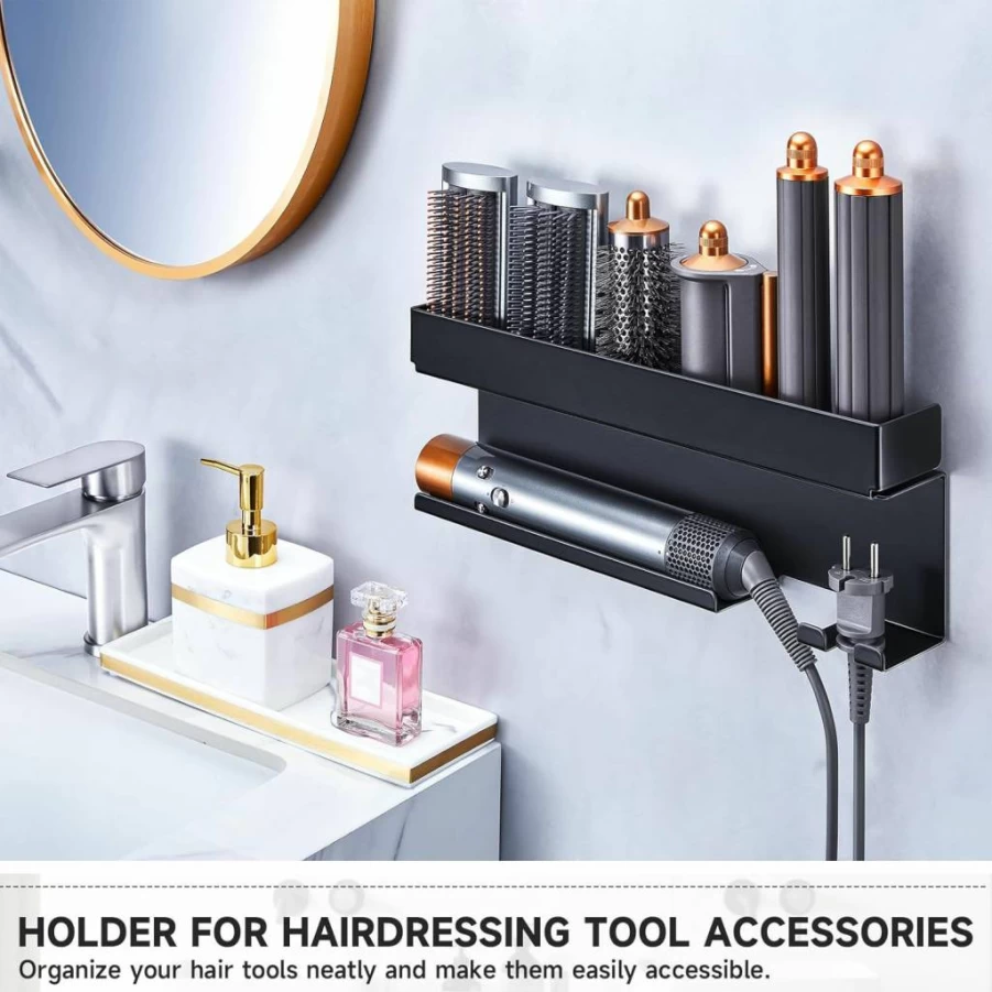 Oukimly Wall Mount Hair Tool Organizer - Storage Holder for Hair Dryer, Curling Iron, Straightener & Styler Accessories, Bathroom Space Saver, Black