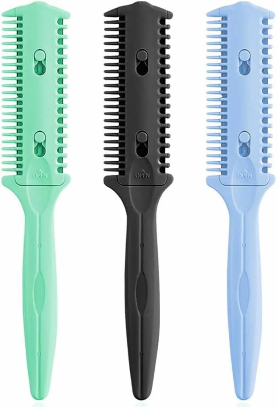 Soft 'N Style 3-Pack Double-Sided Hair Trimmer Combs for Split Ends & Styling - Thin & Thick Hair (Green, Black, Blue)