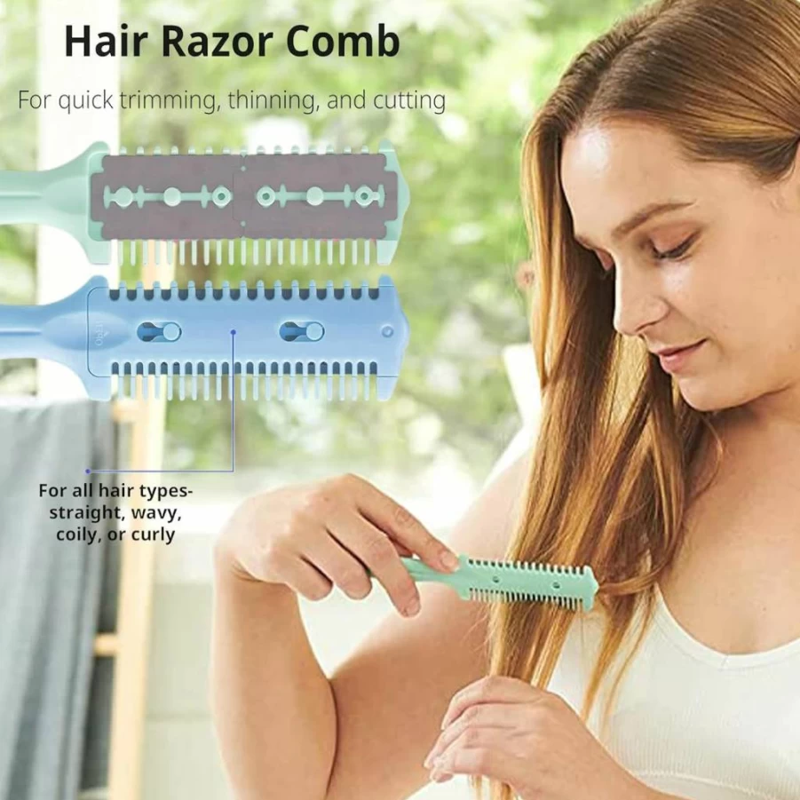 Soft 'N Style 3-Pack Double-Sided Hair Trimmer Combs for Split Ends & Styling - Thin & Thick Hair (Green, Black, Blue)
