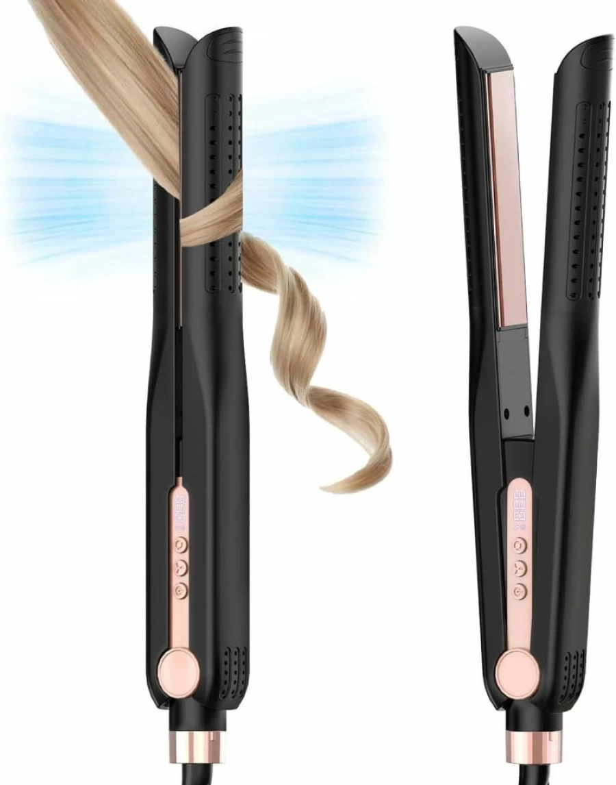SKIMI Titanium Flat Iron & Curling Iron with Airflow Cooling, Dual Voltage, 5 Temperature Settings, Auto Shutoff - Black & Blush Gold Hair Styler for Professional Results